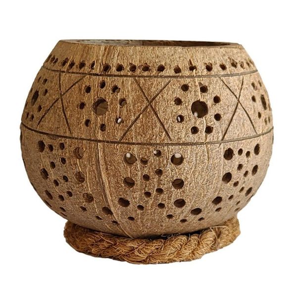 Coconut Shell Candle Holder & Rope Stand, natural handmade, eco friendly - Picture 1 of 9